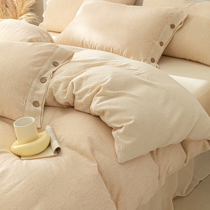 91家纺网 家纺一手货源 找家纺 梵克保罗 2026新款A类亲肤舒适棉麻纽扣款四件套 松间米柔