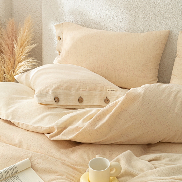 91家纺网 家纺一手货源 找家纺 梵克保罗 2026新款A类亲肤舒适棉麻纽扣款四件套 松间米柔