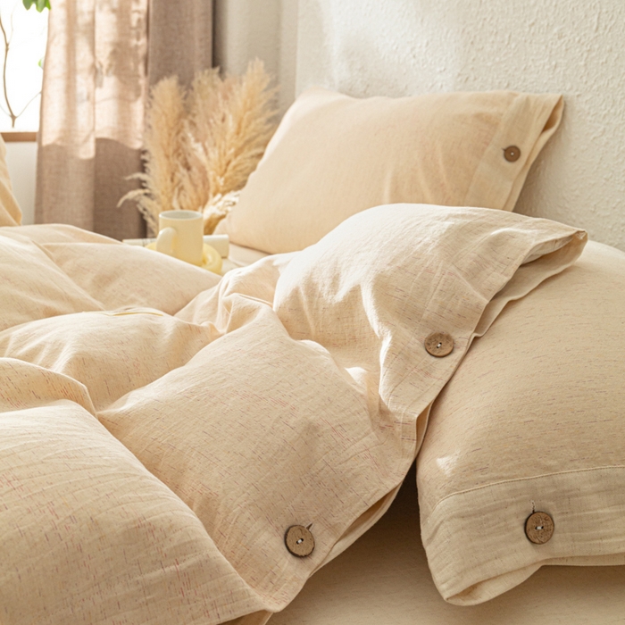 91家纺网 家纺一手货源 找家纺 梵克保罗 2026新款A类亲肤舒适棉麻纽扣款四件套 松间米柔