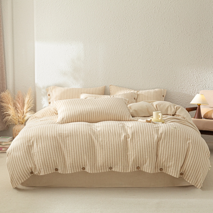 梵克保罗 2026新款A类亲肤舒适棉麻纽扣款四件套 麦浪浅条