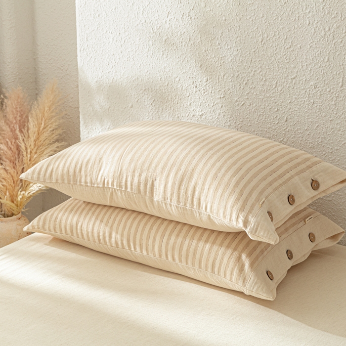 91家纺网 家纺一手货源 找家纺 梵克保罗 2026新款A类亲肤舒适棉麻纽扣款四件套 麦浪浅条