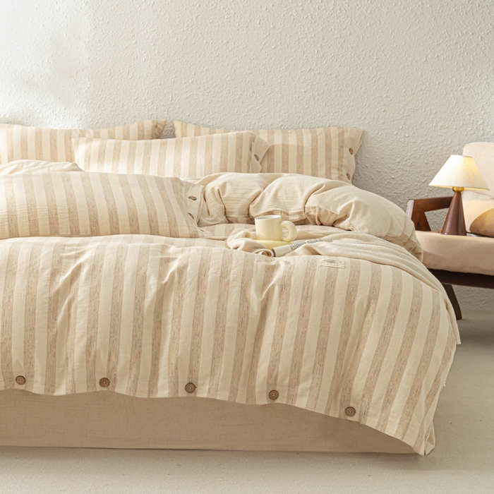 91家纺网 家纺一手货源 找家纺 梵克保罗 2026新款A类亲肤舒适棉麻纽扣款四件套 空谷宽纹