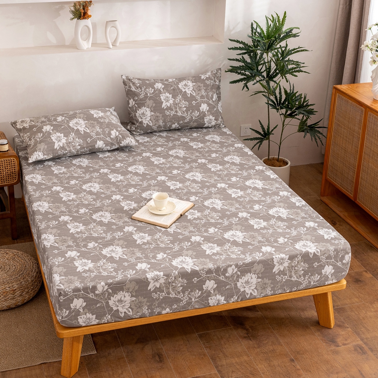 91家纺网 家纺一手货源 找家纺 首爱家纺 2026春夏新款亚麻老粗布床笠 床笠单件 墨棠