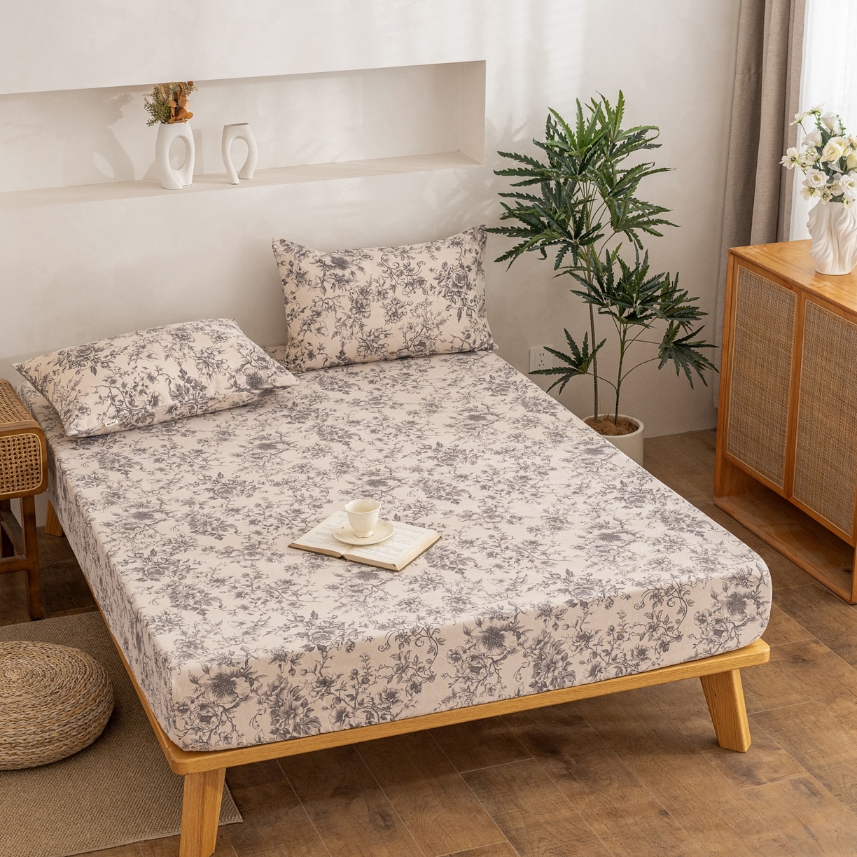 91家纺网 家纺一手货源 找家纺 首爱家纺 2026春夏新款亚麻老粗布床笠 床笠单件 霜藤