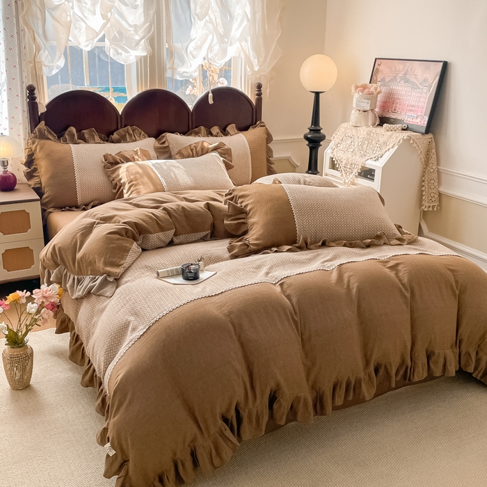 91家纺网 家纺一手货源 找家纺 梵克保罗 2026新款棉麻法式花边四件套 暮色