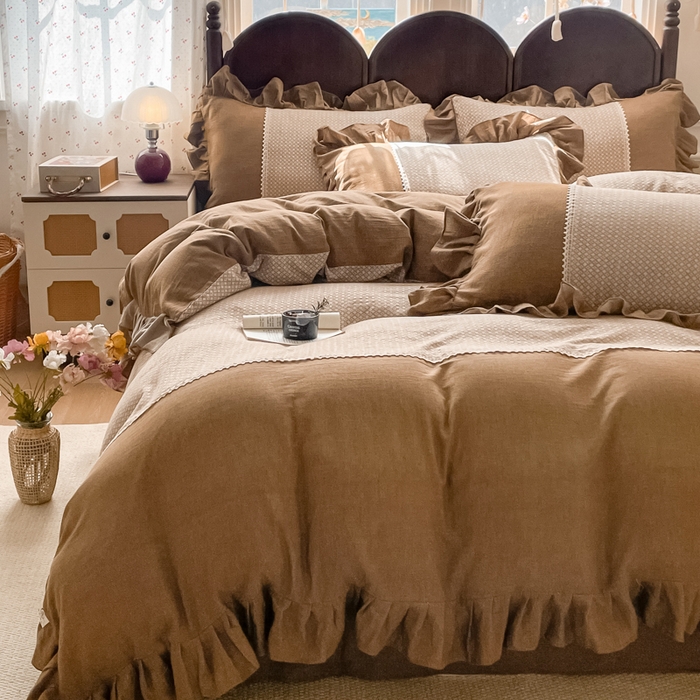 91家纺网 家纺一手货源 找家纺 梵克保罗 2026新款棉麻法式花边四件套 暮色