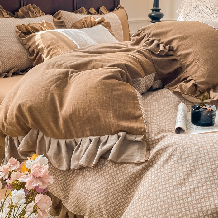 91家纺网 家纺一手货源 找家纺 梵克保罗 2026新款棉麻法式花边四件套 暮色