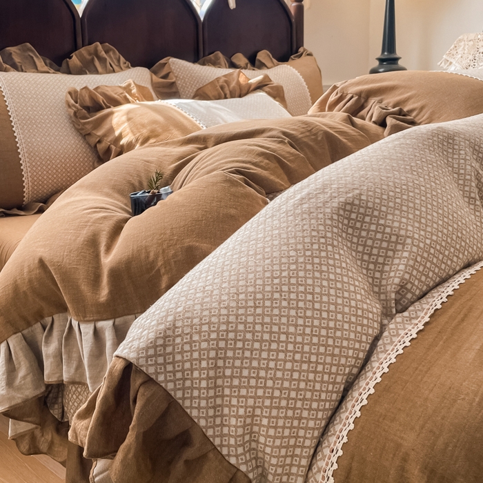 91家纺网 家纺一手货源 找家纺 梵克保罗 2026新款棉麻法式花边四件套 暮色