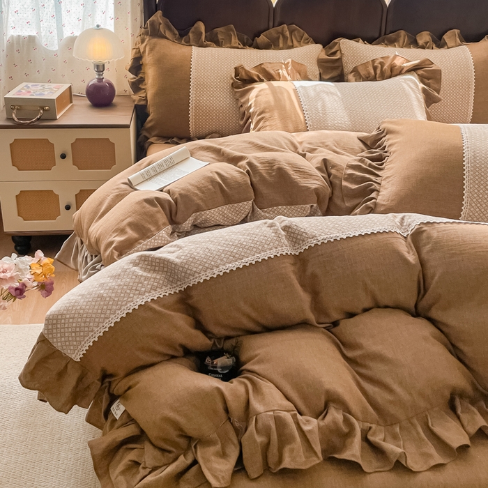 91家纺网 家纺一手货源 找家纺 梵克保罗 2026新款棉麻法式花边四件套 暮色