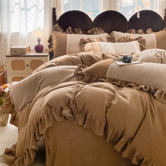 91家纺网 家纺一手货源 找家纺 梵克保罗 2026新款棉麻法式花边四件套 暮色