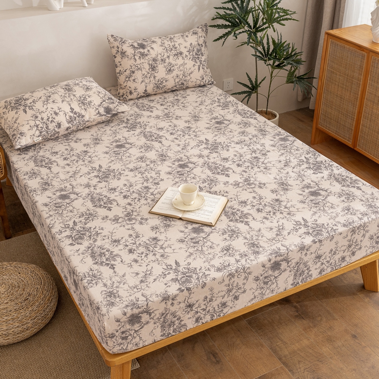 91家纺网 家纺一手货源 找家纺 首爱家纺 2026春夏新款亚麻老粗布床笠 床笠单件 霜藤