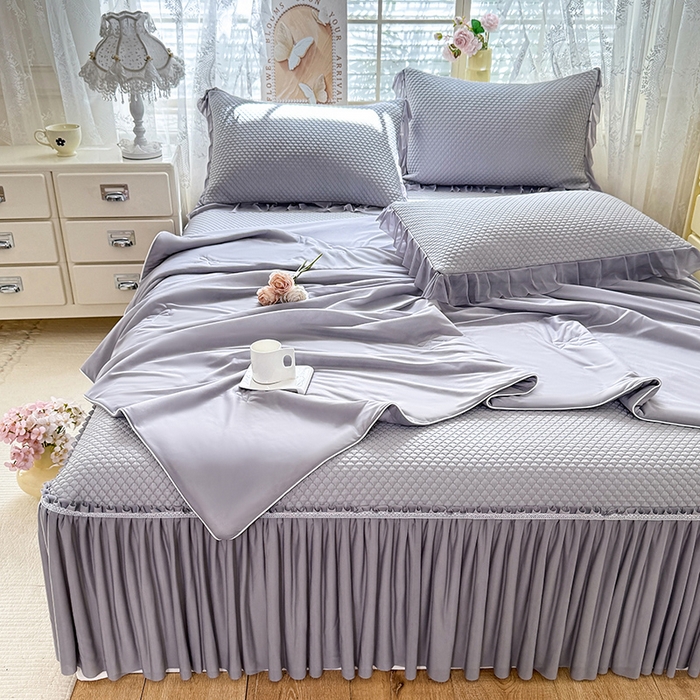 91家纺网 家纺一手货源 找家纺 苏米娜家纺SUMINA 2026新款高克重泡泡席乙纶中分子冰豆豆蕾丝床裙夏季冰丝软席四件套-minmin minmin-云灰