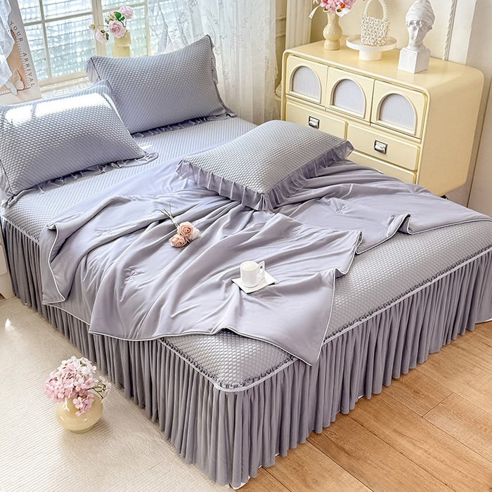 91家纺网 家纺一手货源 找家纺 苏米娜家纺SUMINA 2026新款高克重泡泡席乙纶中分子冰豆豆蕾丝床裙夏季冰丝软席四件套-minmin minmin-云灰