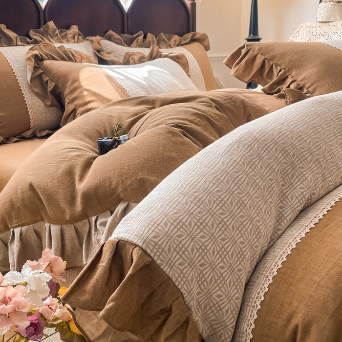 91家纺网 家纺一手货源 找家纺 梵克保罗 2026新款棉麻法式花边四件套 欧若拉