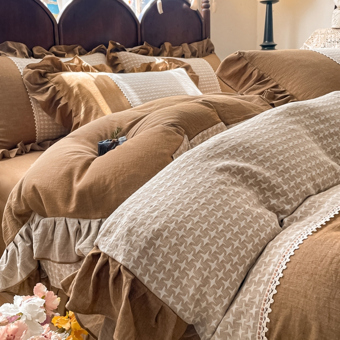 91家纺网 家纺一手货源 找家纺 梵克保罗 2026新款棉麻法式花边四件套 星芒