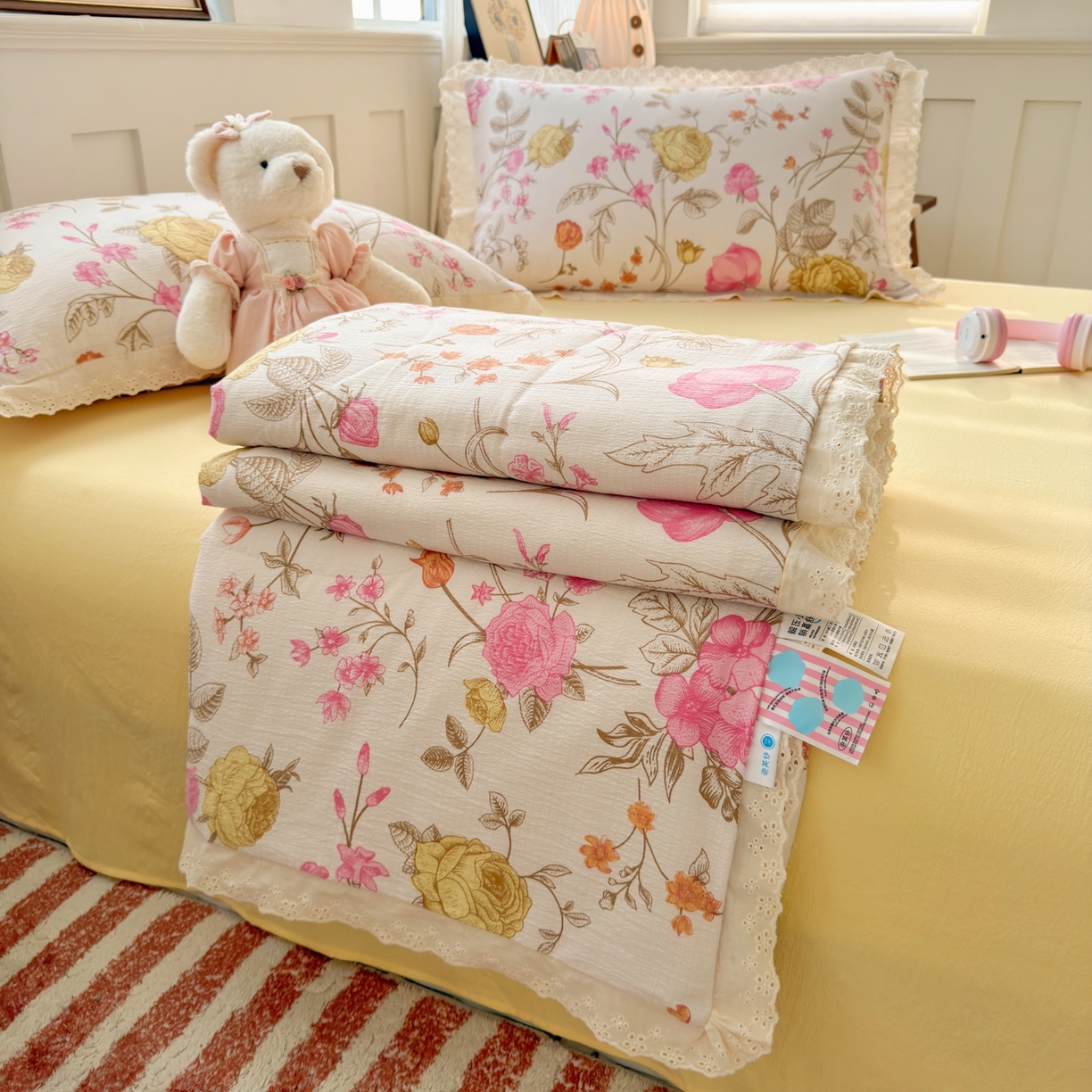 91家纺网 家纺一手货源 找家纺 花伞家居 2026新款全棉花边皱皱双层纱夏被夏凉被空调被四件套 夏被-繁花