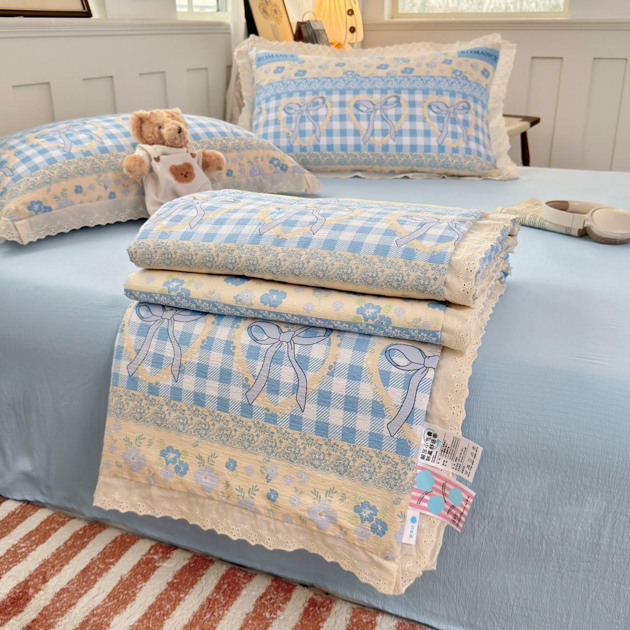 91家纺网 家纺一手货源 找家纺 花伞家居 2026新款全棉花边皱皱双层纱夏被夏凉被空调被四件套 夏被-爱洛