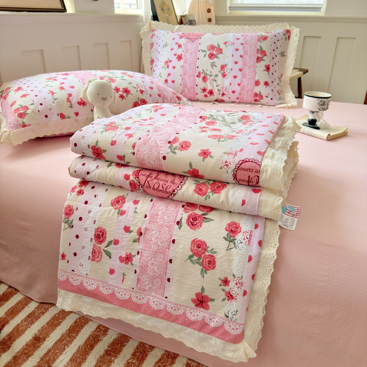 91家纺网 家纺一手货源 找家纺 （总）花伞家居 2026新款全棉花边皱皱双层纱夏被夏凉被空调被四件套