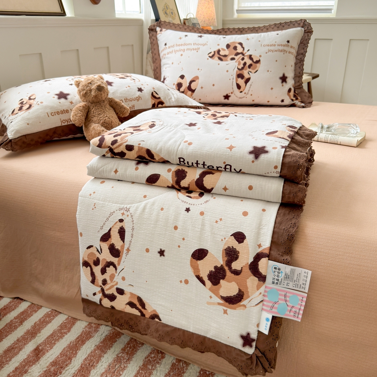 花伞家居 2026新款全棉花边皱皱双层纱夏被夏凉被空调被四件套 夏被-豹纹蝴蝶