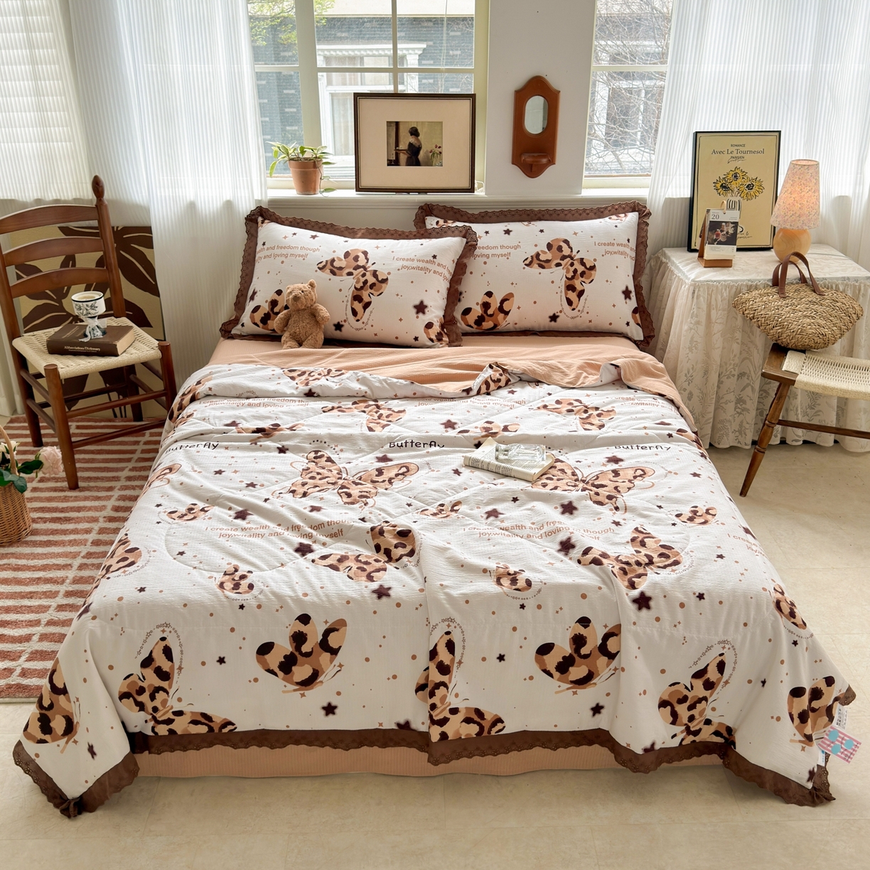 91家纺网 家纺一手货源 找家纺 花伞家居 2026新款全棉花边皱皱双层纱夏被夏凉被空调被四件套 夏被-豹纹蝴蝶