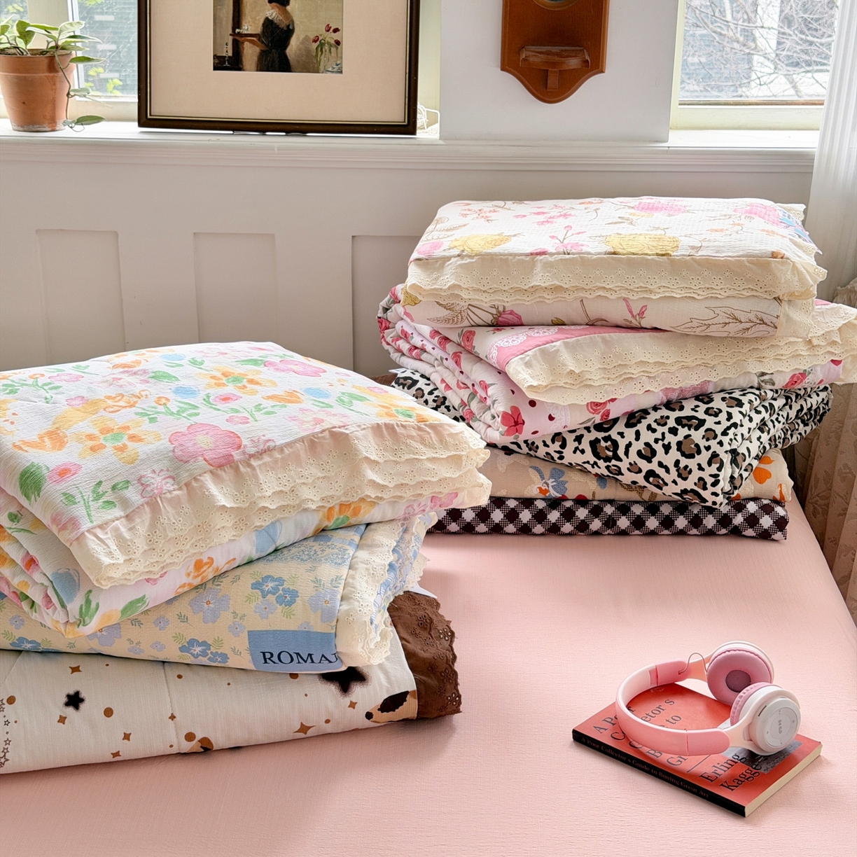 花伞家居 2026新款全棉花边皱皱双层纱夏被夏凉被空调被四件套 组合图仅做展示不可下单