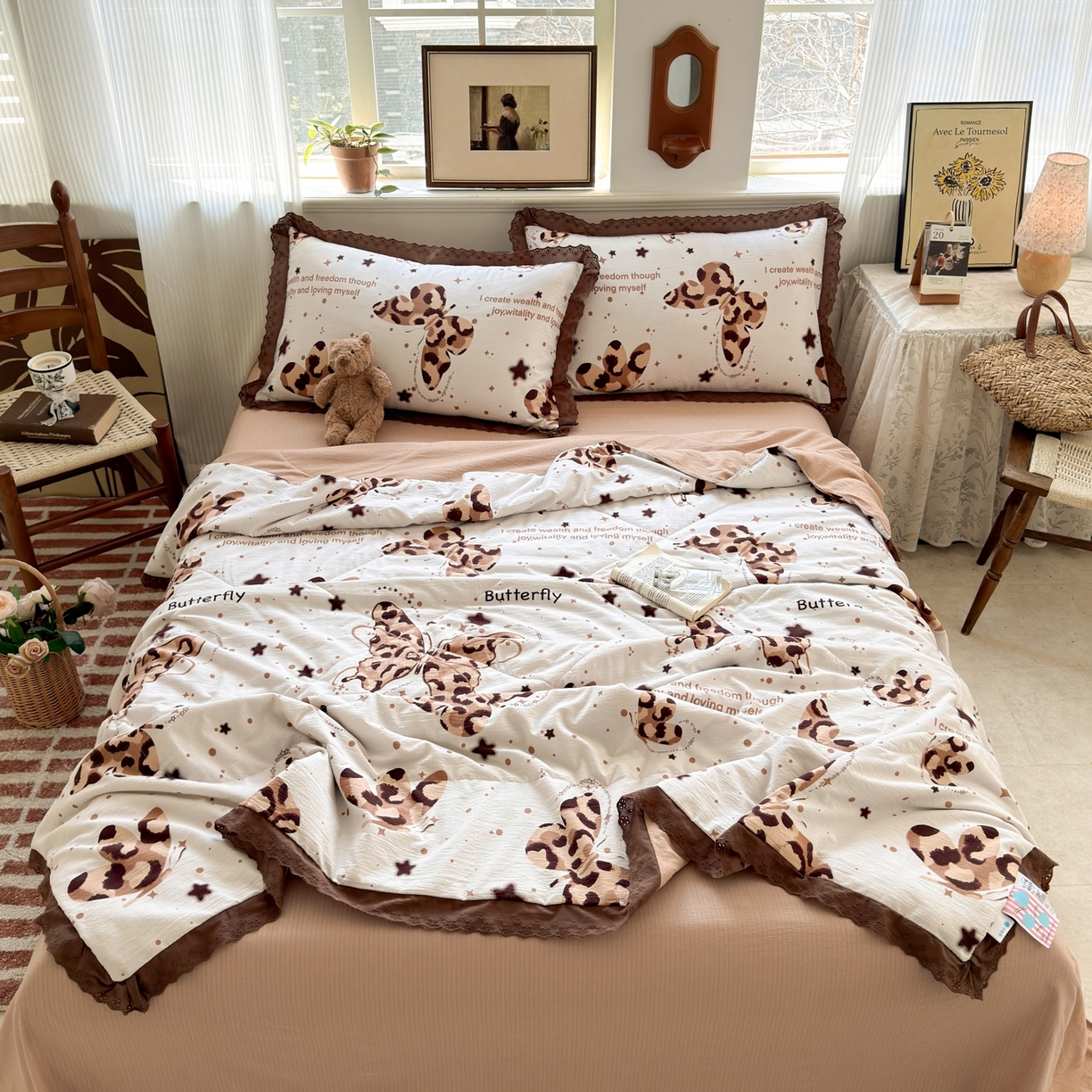 91家纺网 家纺一手货源 找家纺 花伞家居 2026新款全棉花边皱皱双层纱夏被夏凉被空调被四件套 夏被-豹纹蝴蝶