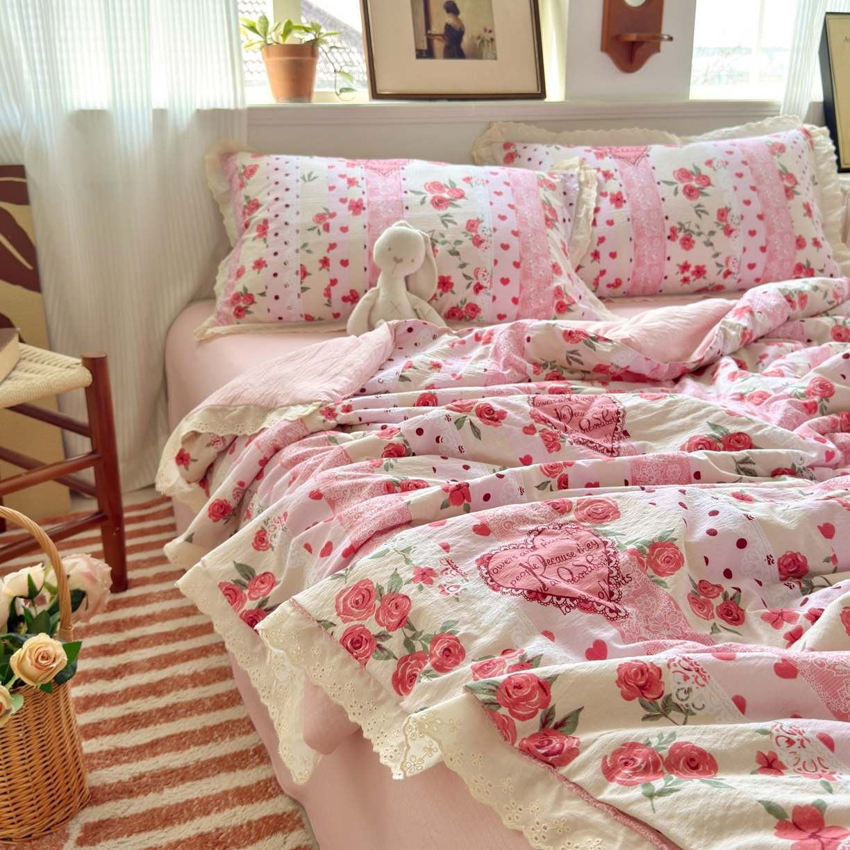 91家纺网 家纺一手货源 找家纺 花伞家居 2026新款全棉花边皱皱双层纱夏被夏凉被空调被四件套 夏被-热恋城堡