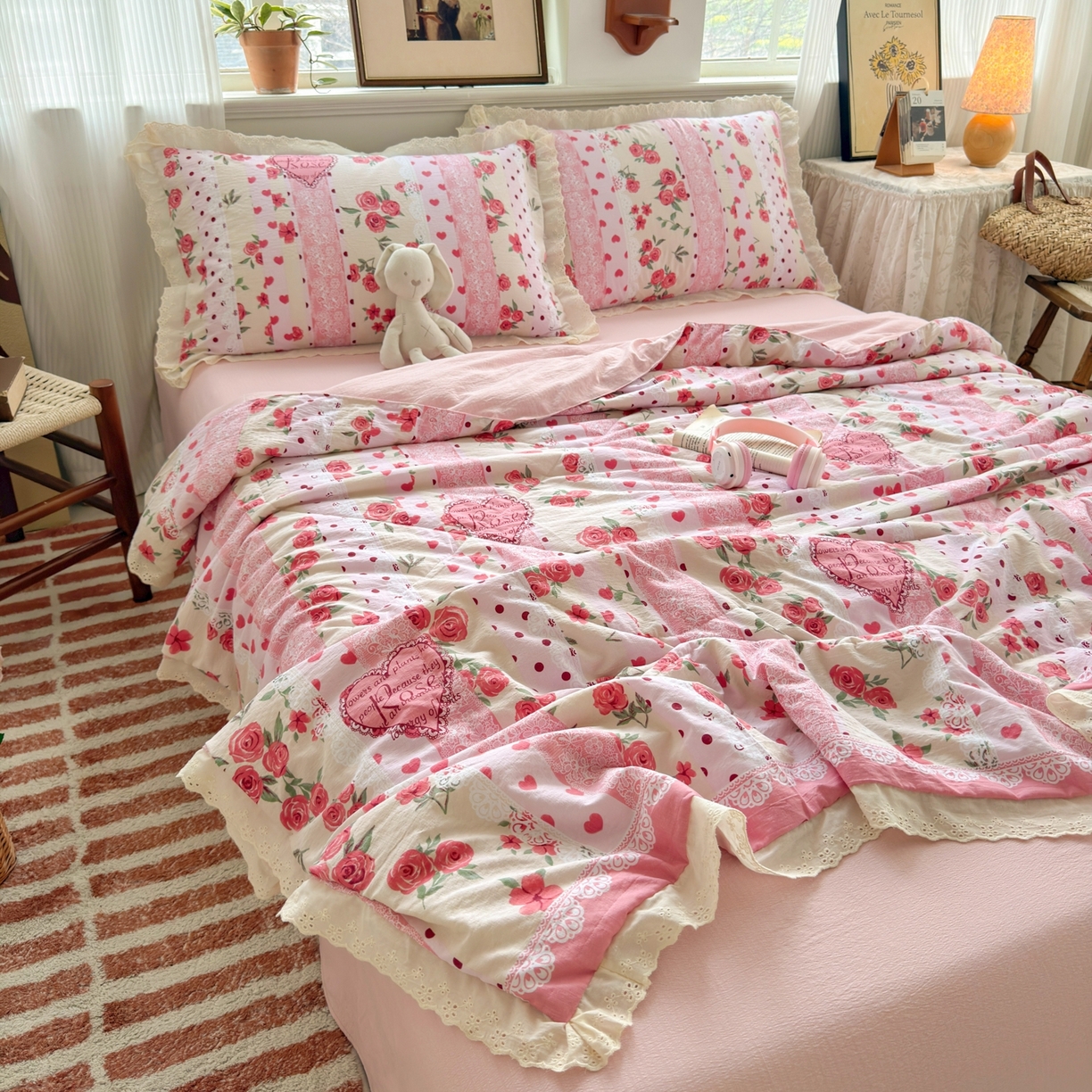 91家纺网 家纺一手货源 找家纺 花伞家居 2026新款全棉花边皱皱双层纱夏被夏凉被空调被四件套 夏被-热恋城堡