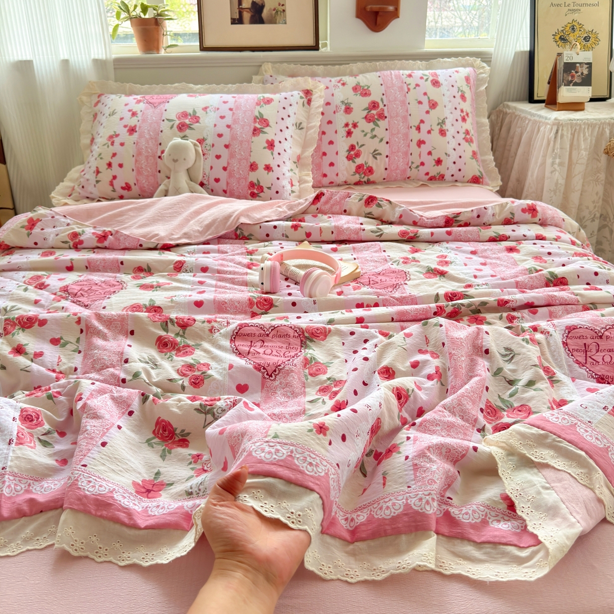 91家纺网 家纺一手货源 找家纺 花伞家居 2026新款全棉花边皱皱双层纱夏被夏凉被空调被四件套 夏被-热恋城堡