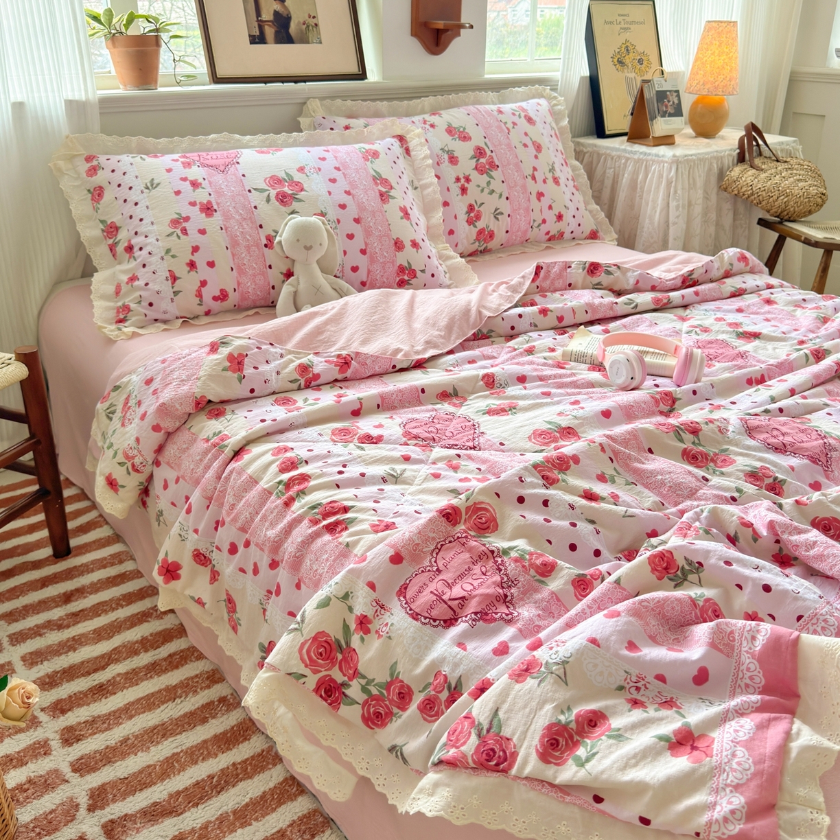 91家纺网 家纺一手货源 找家纺 花伞家居 2026新款全棉花边皱皱双层纱夏被夏凉被空调被四件套 夏被-热恋城堡