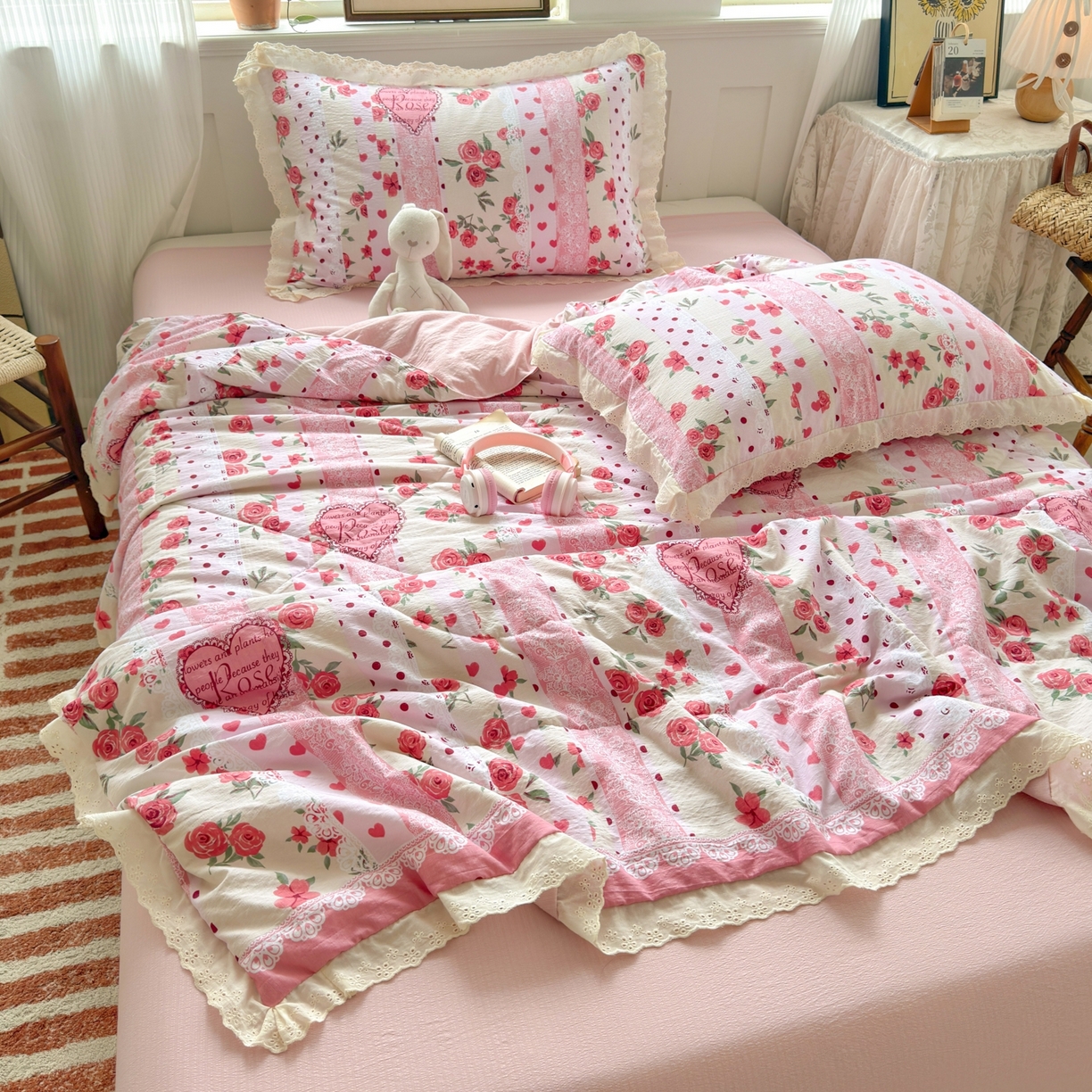 91家纺网 家纺一手货源 找家纺 花伞家居 2026新款全棉花边皱皱双层纱夏被夏凉被空调被四件套 夏被-热恋城堡