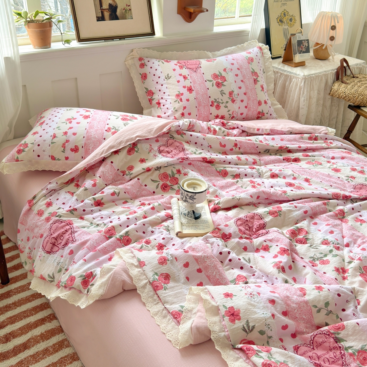 91家纺网 家纺一手货源 找家纺 花伞家居 2026新款全棉花边皱皱双层纱夏被夏凉被空调被四件套 夏被-热恋城堡