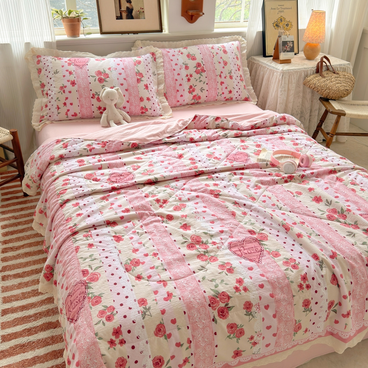 91家纺网 家纺一手货源 找家纺 花伞家居 2026新款全棉花边皱皱双层纱夏被夏凉被空调被四件套 夏被-热恋城堡