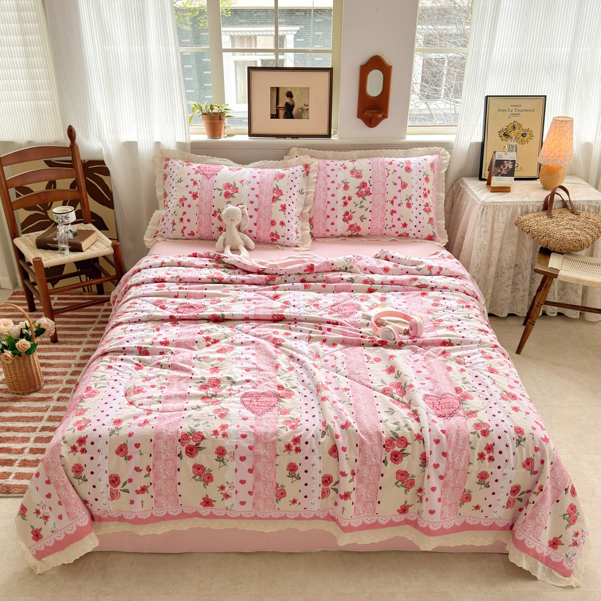 91家纺网 家纺一手货源 找家纺 花伞家居 2026新款全棉花边皱皱双层纱夏被夏凉被空调被四件套 夏被-热恋城堡