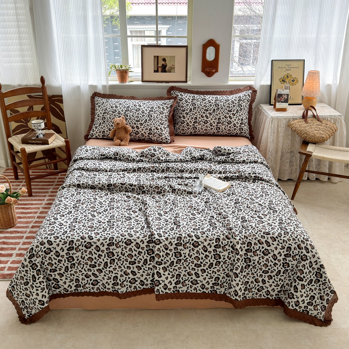 91家纺网 家纺一手货源 找家纺 花伞家居 2026新款全棉花边皱皱双层纱夏被夏凉被空调被四件套 夏被-卡其豹纹