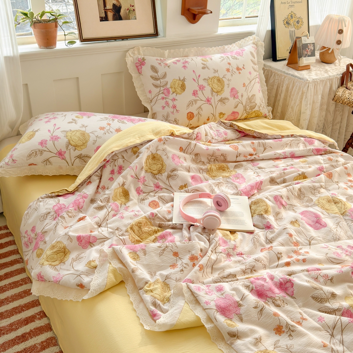 91家纺网 家纺一手货源 找家纺 花伞家居 2026新款全棉花边皱皱双层纱夏被夏凉被空调被四件套 夏被-繁花