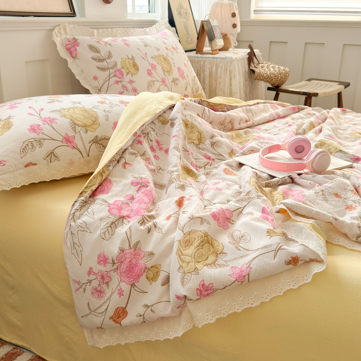 91家纺网 家纺一手货源 找家纺 花伞家居 2026新款全棉花边皱皱双层纱夏被夏凉被空调被四件套 夏被-繁花