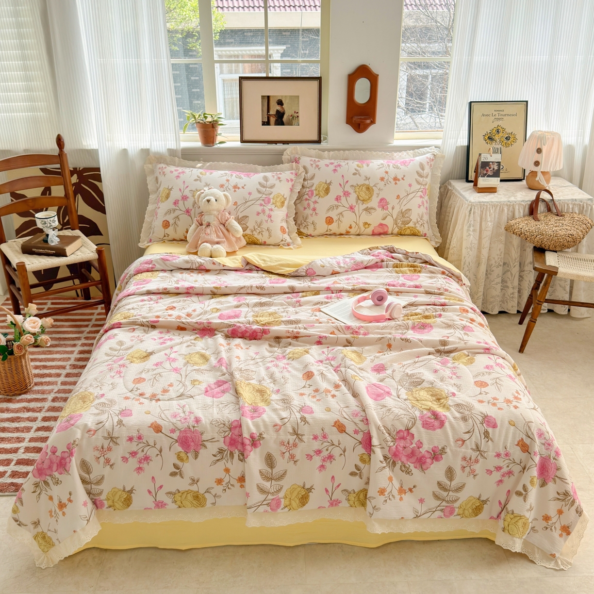 91家纺网 家纺一手货源 找家纺 花伞家居 2026新款全棉花边皱皱双层纱夏被夏凉被空调被四件套 夏被-繁花