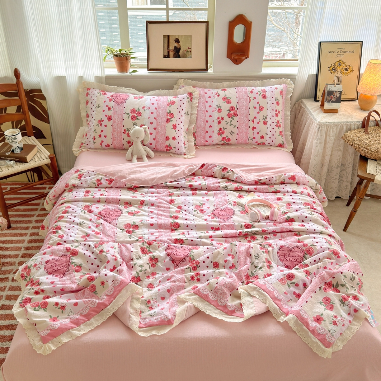 91家纺网 家纺一手货源 找家纺 花伞家居 2026新款全棉花边皱皱双层纱夏被夏凉被空调被四件套 夏被-热恋城堡