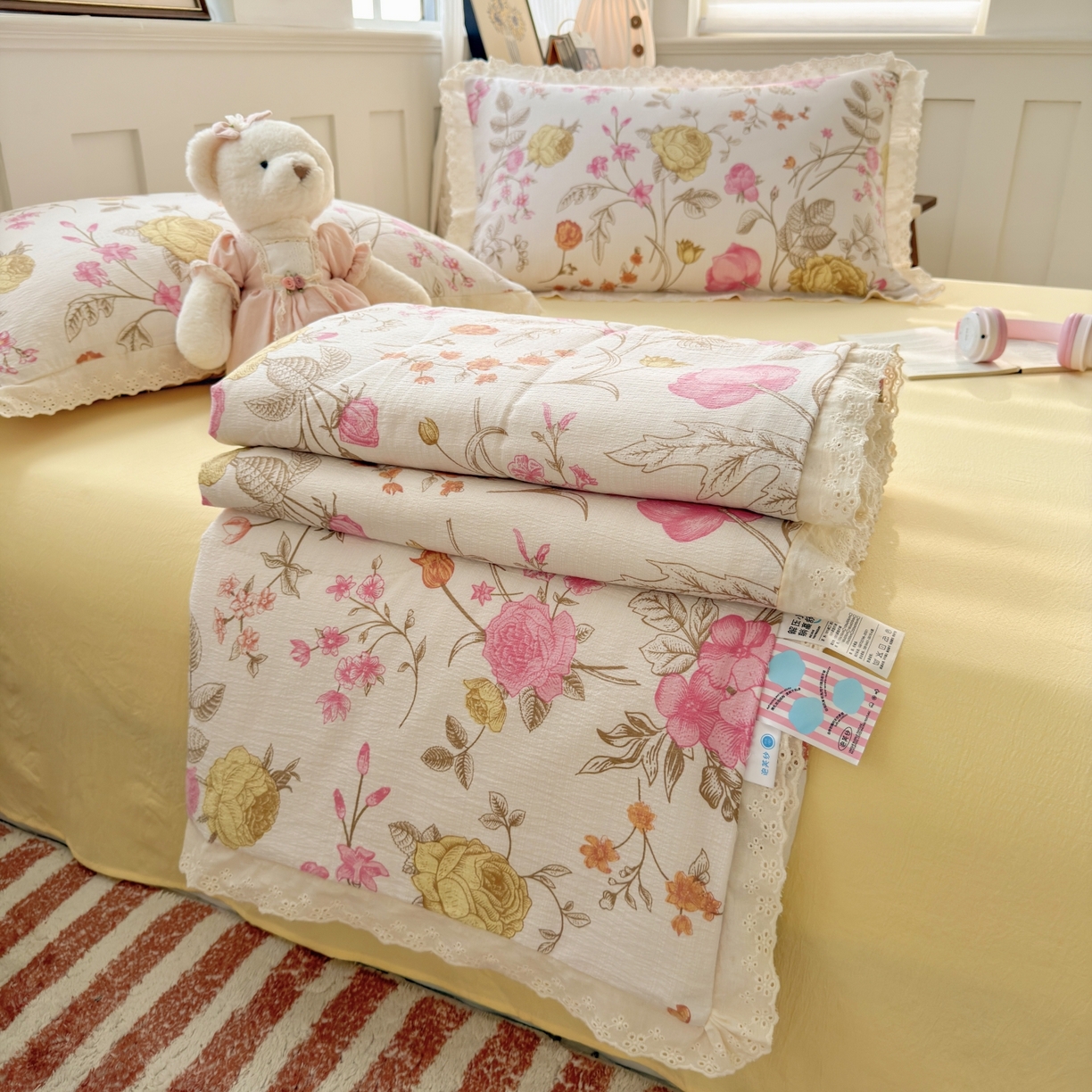 91家纺网 家纺一手货源 找家纺 花伞家居 2026新款全棉花边皱皱双层纱夏被夏凉被空调被四件套 夏被-繁花