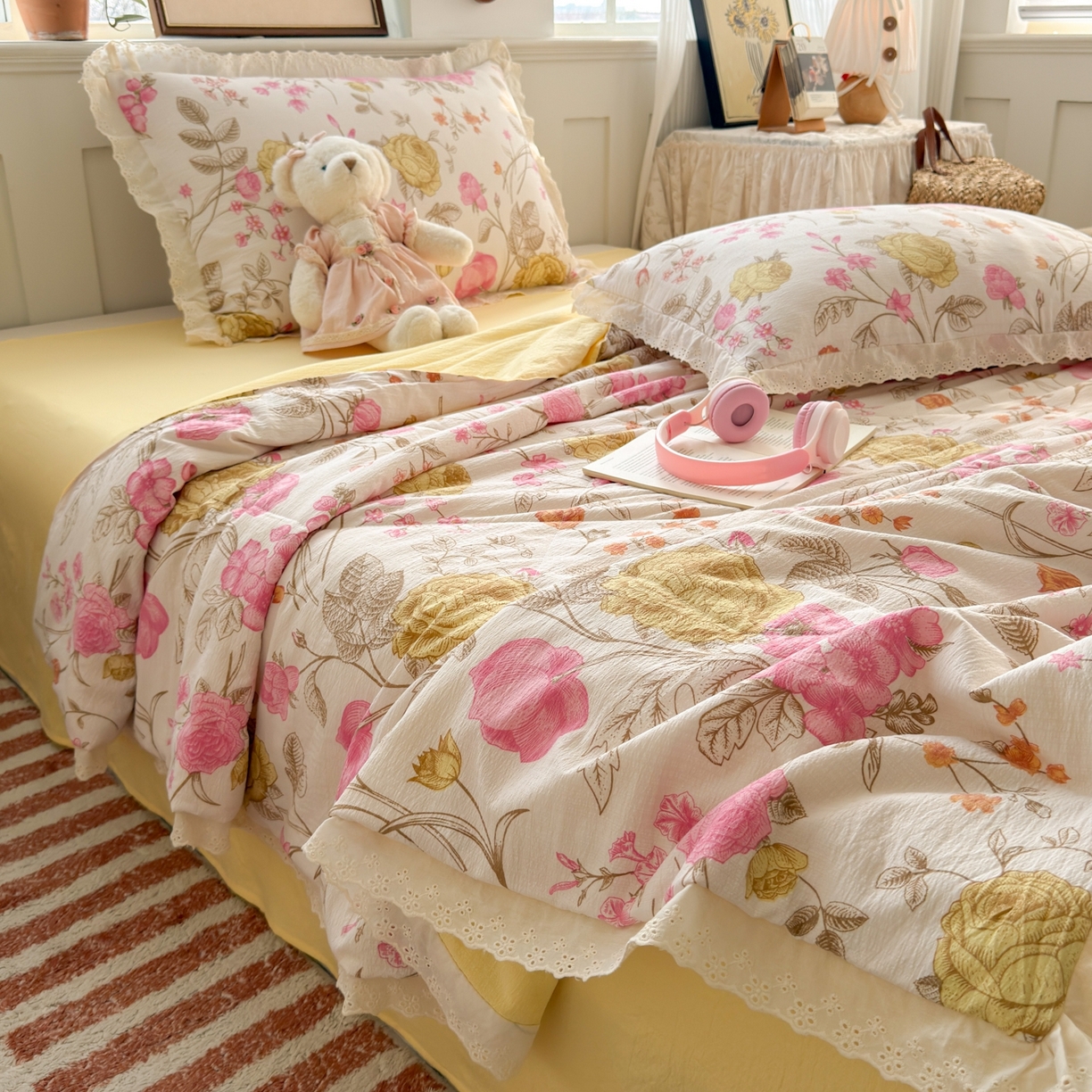 91家纺网 家纺一手货源 找家纺 花伞家居 2026新款全棉花边皱皱双层纱夏被夏凉被空调被四件套 夏被-繁花