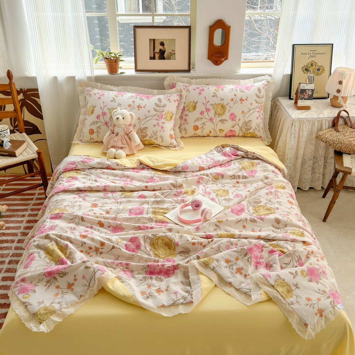 91家纺网 家纺一手货源 找家纺 花伞家居 2026新款全棉花边皱皱双层纱夏被夏凉被空调被四件套 夏被-繁花