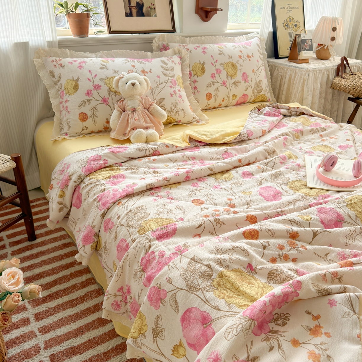 91家纺网 家纺一手货源 找家纺 花伞家居 2026新款全棉花边皱皱双层纱夏被夏凉被空调被四件套 夏被-繁花