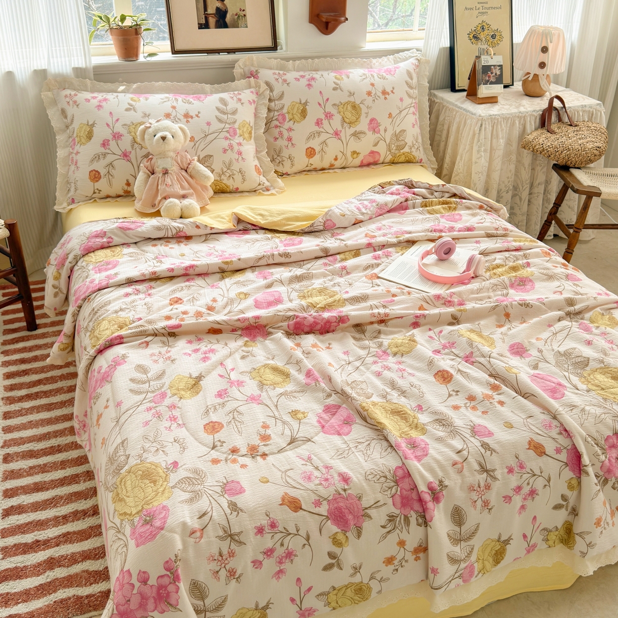 91家纺网 家纺一手货源 找家纺 花伞家居 2026新款全棉花边皱皱双层纱夏被夏凉被空调被四件套 夏被-繁花