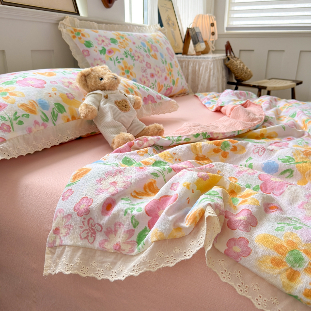 91家纺网 家纺一手货源 找家纺 花伞家居 2026新款全棉花边皱皱双层纱夏被夏凉被空调被四件套 夏被-风传花信