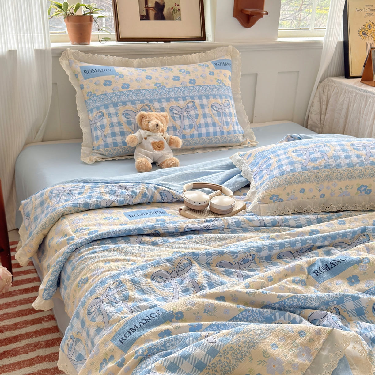 91家纺网 家纺一手货源 找家纺 花伞家居 2026新款全棉花边皱皱双层纱夏被夏凉被空调被四件套 夏被-爱洛