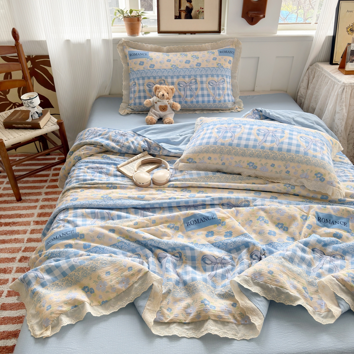 91家纺网 家纺一手货源 找家纺 花伞家居 2026新款全棉花边皱皱双层纱夏被夏凉被空调被四件套 夏被-爱洛