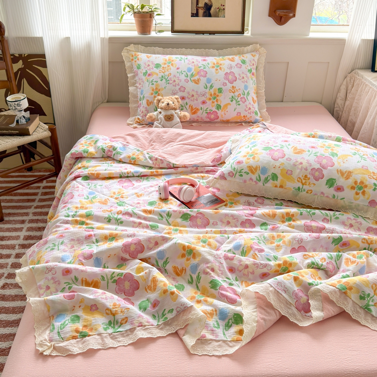 91家纺网 家纺一手货源 找家纺 花伞家居 2026新款全棉花边皱皱双层纱夏被夏凉被空调被四件套 夏被-风传花信