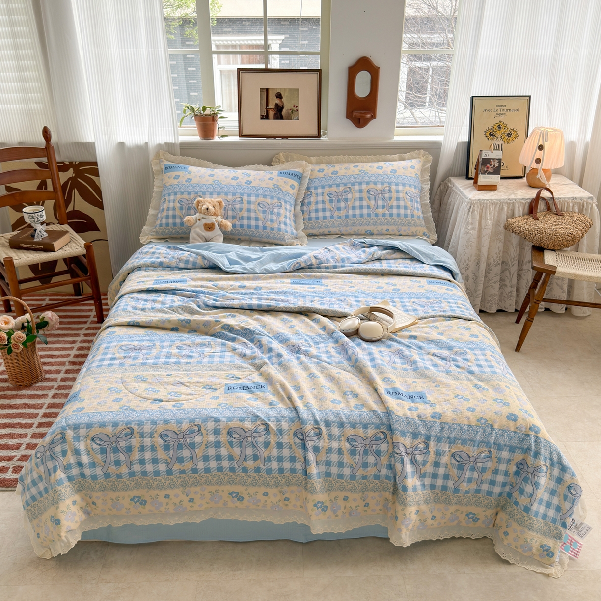 91家纺网 家纺一手货源 找家纺 花伞家居 2026新款全棉花边皱皱双层纱夏被夏凉被空调被四件套 夏被-爱洛