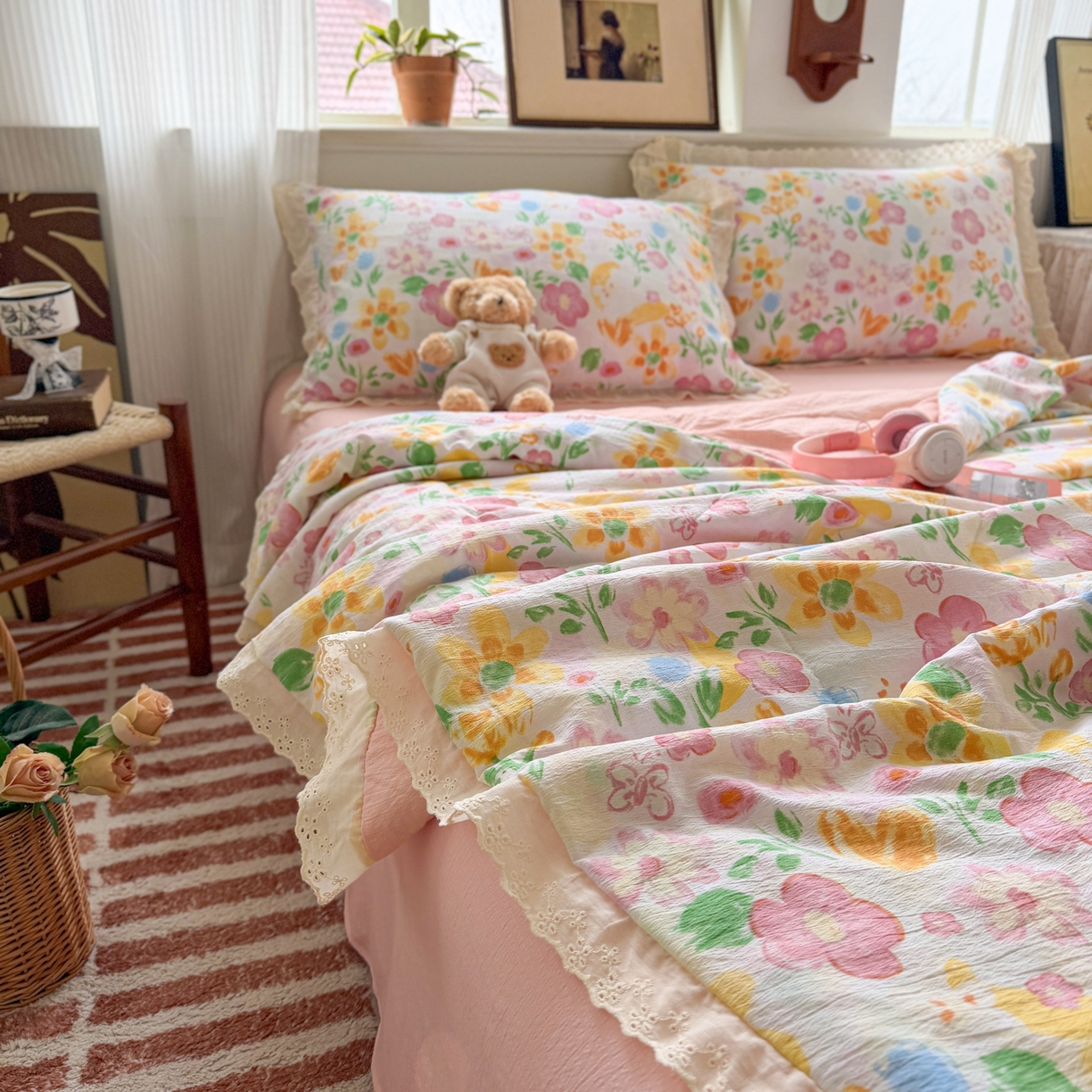 91家纺网 家纺一手货源 找家纺 花伞家居 2026新款全棉花边皱皱双层纱夏被夏凉被空调被四件套 夏被-风传花信